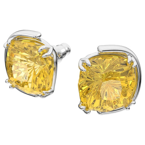 Swarovski Harmonia Stud Earrings Cushion cut crystals, Yellow, Rhodium Plated