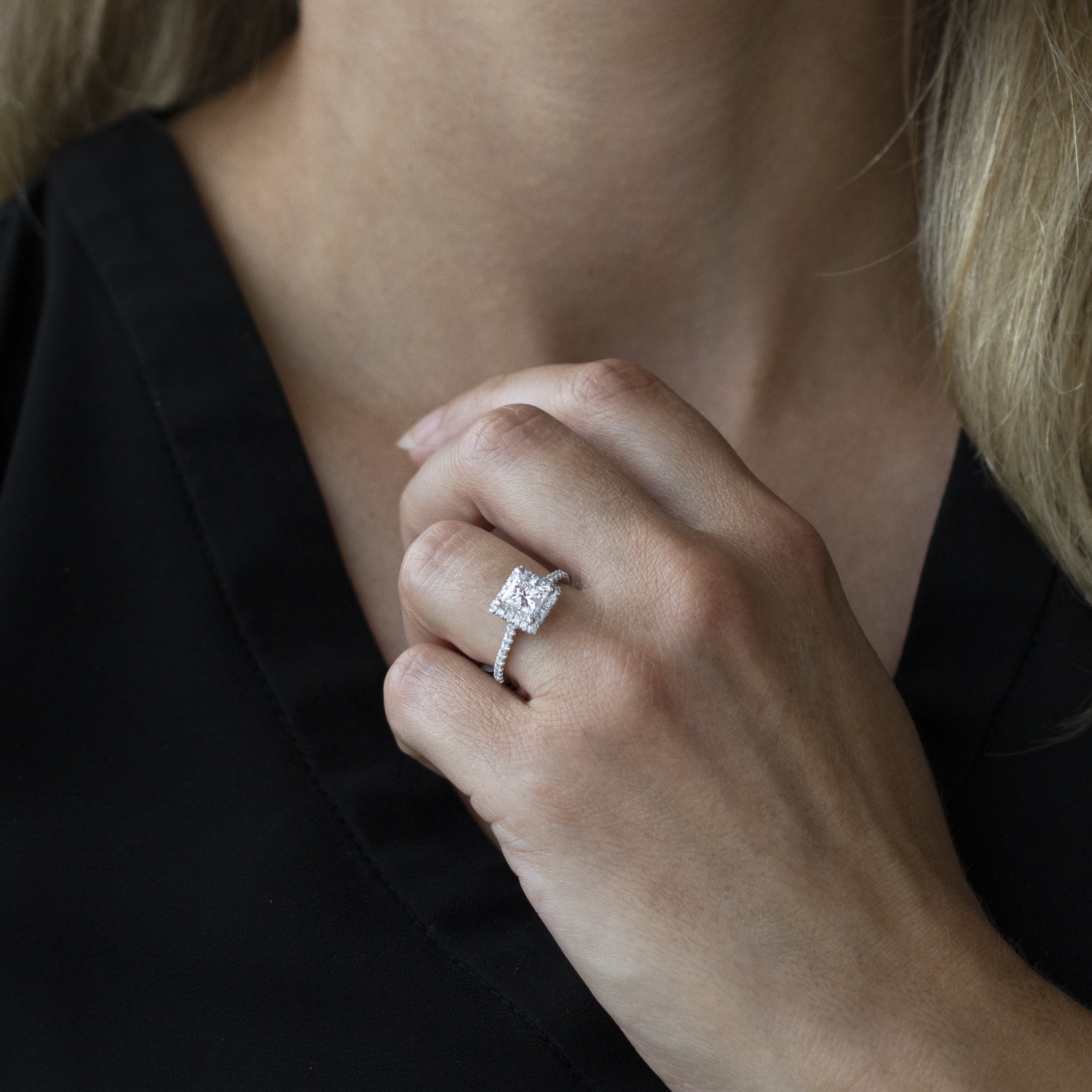 Princess Cut diamond Floating Square Halo Engagement Ring In 14K Rose Gold  | Fascinating Diamonds