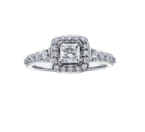 18kt White Gold 0.53cttw Princess Cut Canadian Diamond Center Halo Engagement Ring