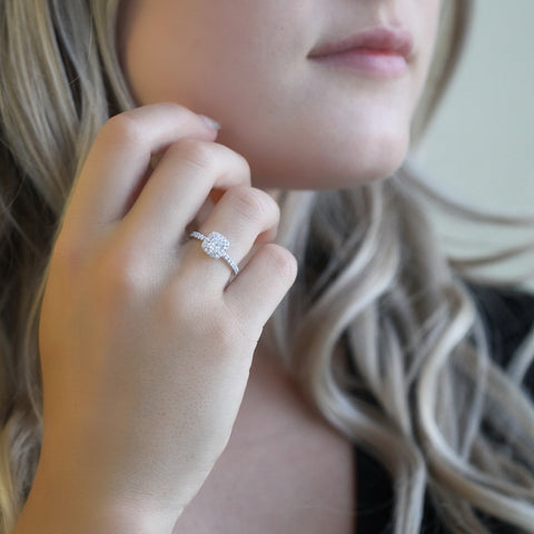 18kt White Gold 0.85cttw Princess Cut Canadian Diamond Center Halo Engagement Ring