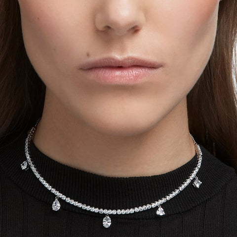 Tennis Deluxe choker Precision cut crystals, White, Rhodium plated
